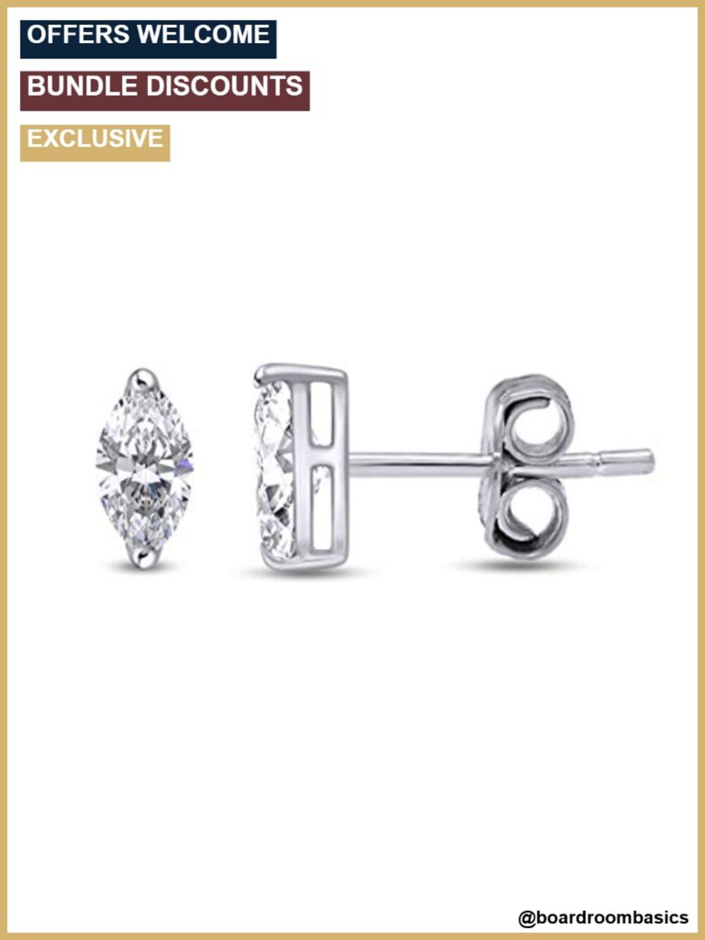 Marquise Stud Earrings 14K White Gold Plated 925 Sterling Silver